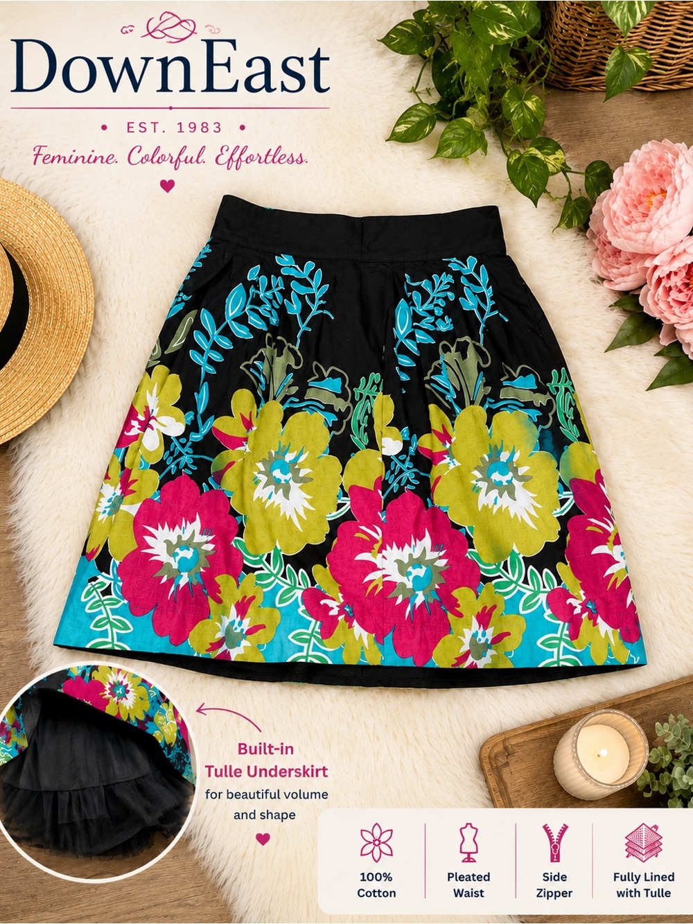 DownEast Floral A-Line Skirt Medium Cotton Tulle Lined Tropical Print